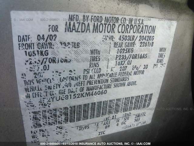4F2YU08152KM46060 - 2002 MAZDA TRIBUTE LX/ES 香槟色 照片 9
