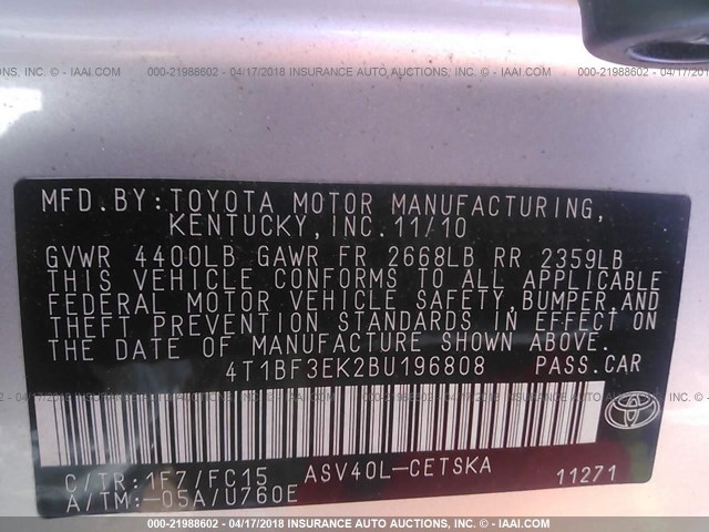 4T1BF3EK2BU196808 - 2011 TOYOTA CAMRY SE/LE/XLE SILVER photo 9