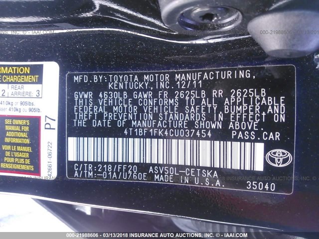 4T1BF1FK4CU037454 - 2012 TOYOTA CAMRY SE/LE/XLE BLACK photo 9