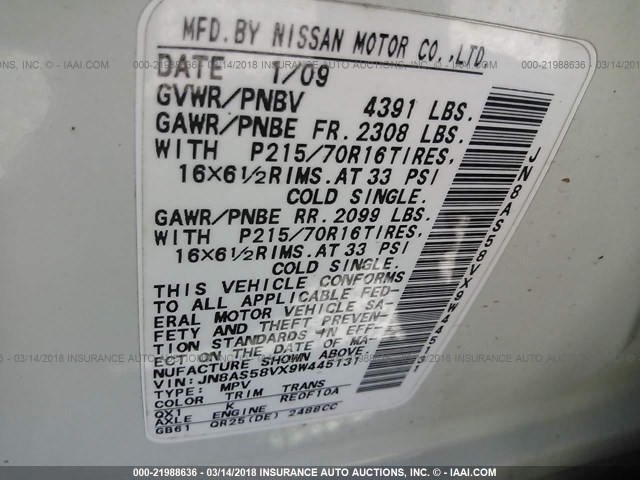 JN8AS58VX9W445131 - 2009 NISSAN ROGUE S/SL WHITE photo 9