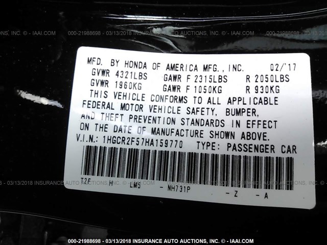 1HGCR2F57HA159770 - 2017 HONDA ACCORD SPORT 黑色 照片 9