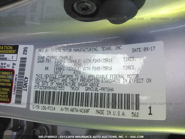 5TFDZ5BN9HX027553 - 2017 TOYOTA TACOMA DBL CAB/SR5/TRD SPORT/OR SILVER photo 9