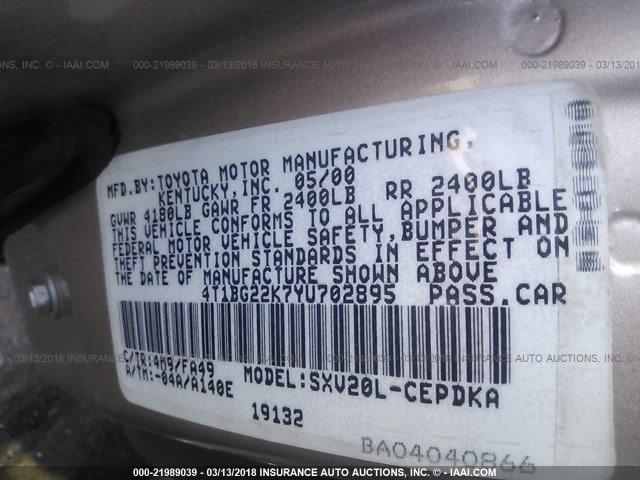 4T1BG22K7YU702895 - 2000 TOYOTA CAMRY CE/LE/XLE 棕色 照片 9