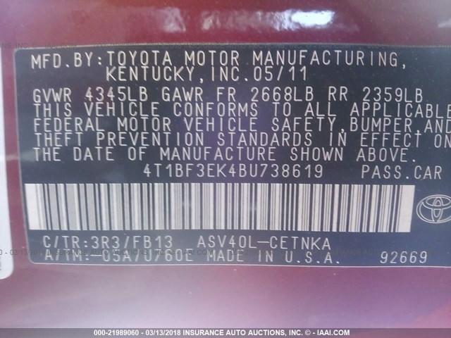 4T1BF3EK4BU738619 - 2011 TOYOTA CAMRY SE/LE/XLE Красный фото 9