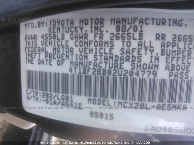 4T1BF28B02U204779 - 2002 TOYOTA AVALON XL/XLS BLACK photo 9