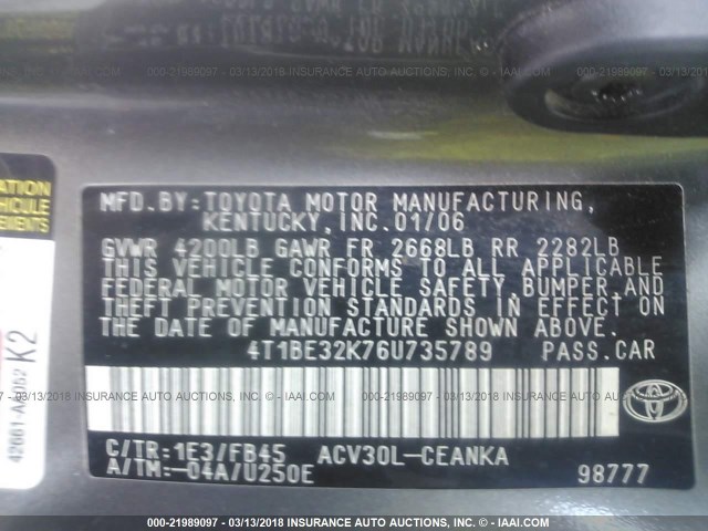 4T1BE32K76U735789 - 2006 TOYOTA CAMRY LE/XLE/SE GRAY photo 9