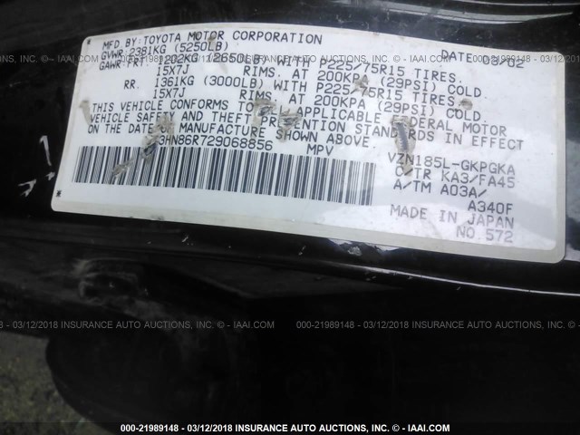 JT3HN86R729068856 - 2002 TOYOTA 4RUNNER SR5 BLACK photo 9