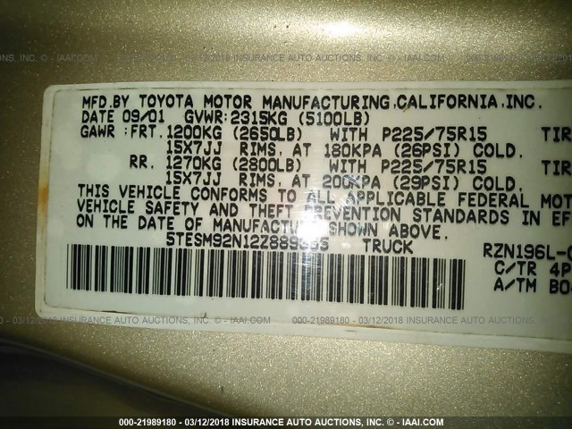 5TESM92N12Z889355 - 2002 TOYOTA TACOMA XTRACAB PRERUNNER 棕色 照片 10