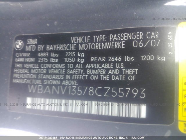 WBANV13578CZ55793 - 2008 BMW 528 XI GRAY photo 9