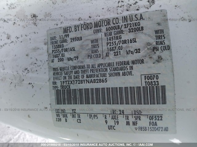 1FTZX1728YNA82865 - 2000 FORD F150 WHITE photo 9