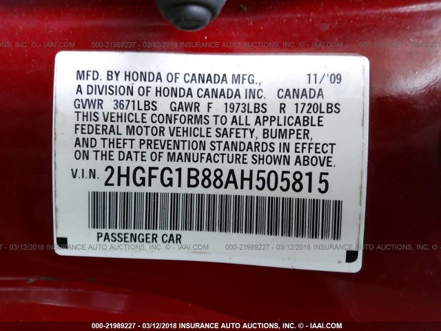 2HGFG1B88AH505815 - 2010 HONDA CIVIC EX RED photo 9