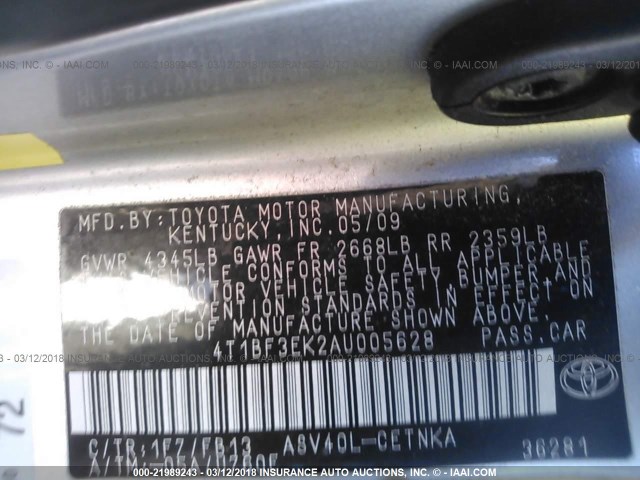 4T1BF3EK2AU005628 - 2010 TOYOTA CAMRY SE/LE/XLE SILVER photo 9