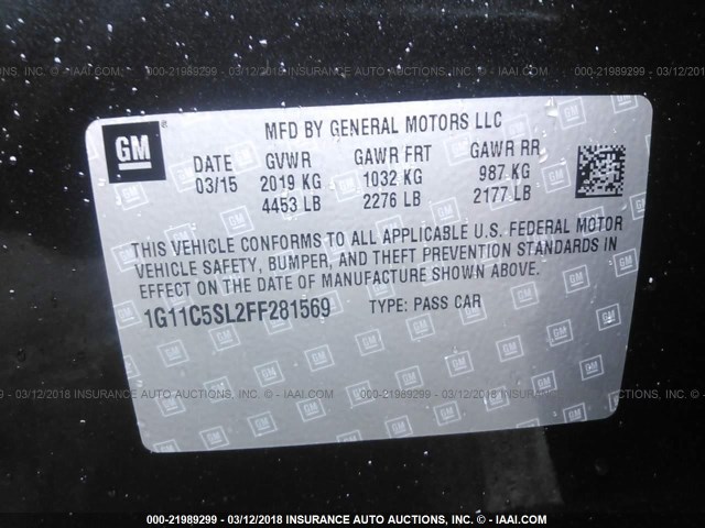 1G11C5SL2FF281569 - 2015 CHEVROLET MALIBU 1LT 黑色 照片 9