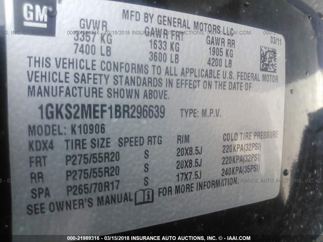 1GKS2MEF1BR296639 - 2011 GMC YUKON XL DENALI BLACK photo 9