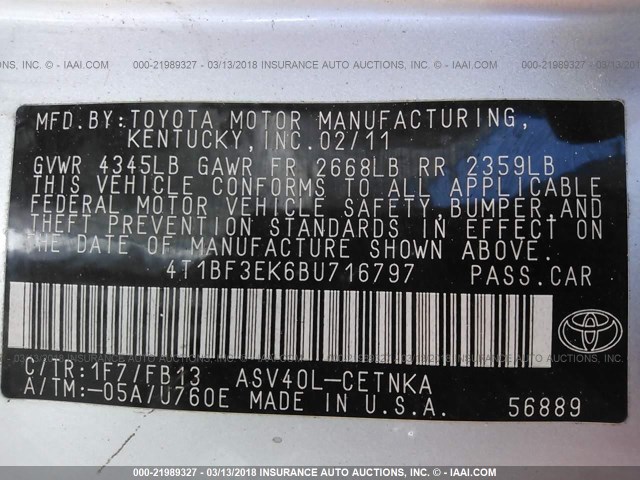 4T1BF3EK6BU716797 - 2011 TOYOTA CAMRY SE/LE/XLE SILVER photo 9