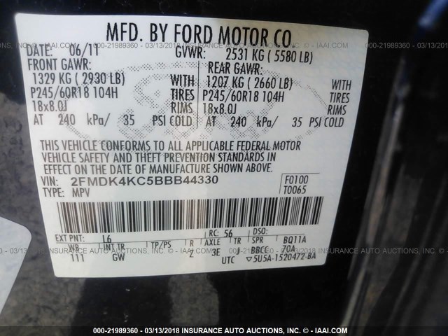 2FMDK4KC5BBB44330 - 2011 FORD EDGE LIMITED BLUE photo 9