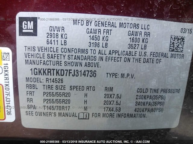 1GKKRTKD7FJ314736 - 2015 GMC ACADIA DENALI RED photo 9