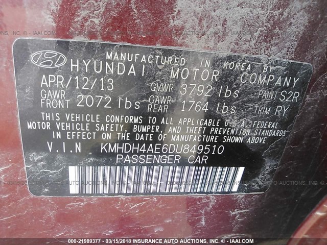 KMHDH4AE6DU849510 - 2013 HYUNDAI ELANTRA GLS/LIMITED RED photo 9