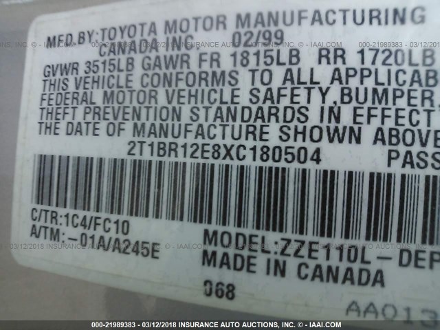 2T1BR12E8XC180504 - 1999 TOYOTA COROLLA VE/CE/LE SILVER photo 9