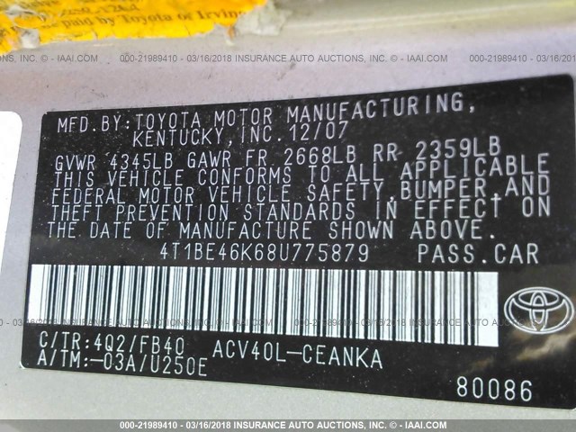 4T1BE46K68U775879 - 2008 TOYOTA CAMRY CE/LE/XLE/SE BEIGE photo 9