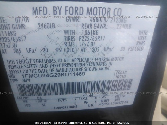 1FMCU94G29KD11469 - 2009 FORD ESCAPE LIMITED BLACK photo 9