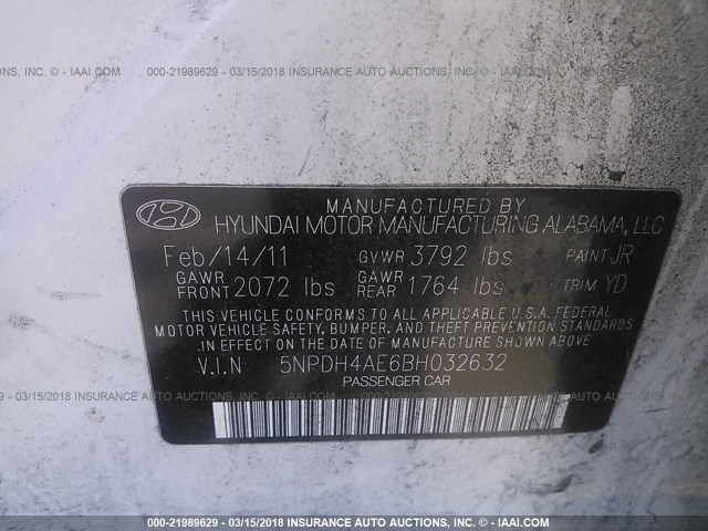 5NPDH4AE6BH032632 - 2011 HYUNDAI ELANTRA GLS/LIMITED WHITE photo 9