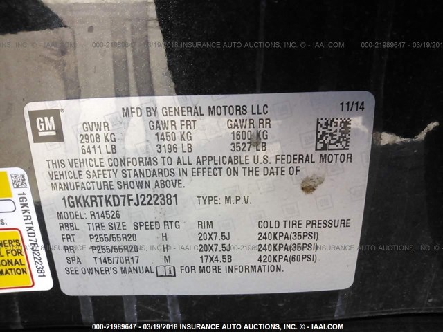 1GKKRTKD7FJ222381 - 2015 GMC ACADIA DENALI BLACK photo 9