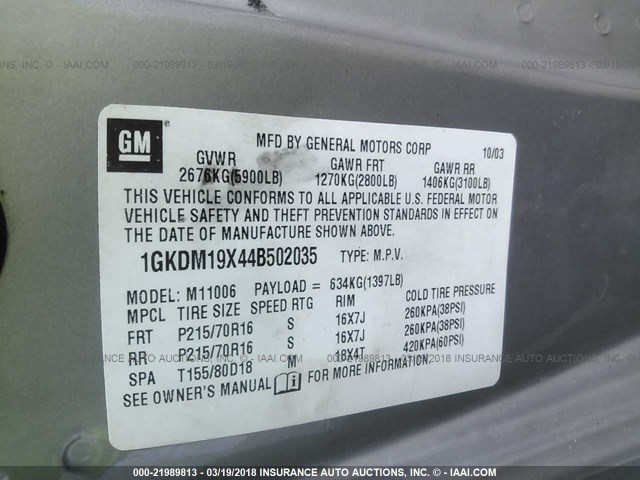 1GKDM19X44B502035 - 2004 GMC SAFARI XT SILVER photo 9