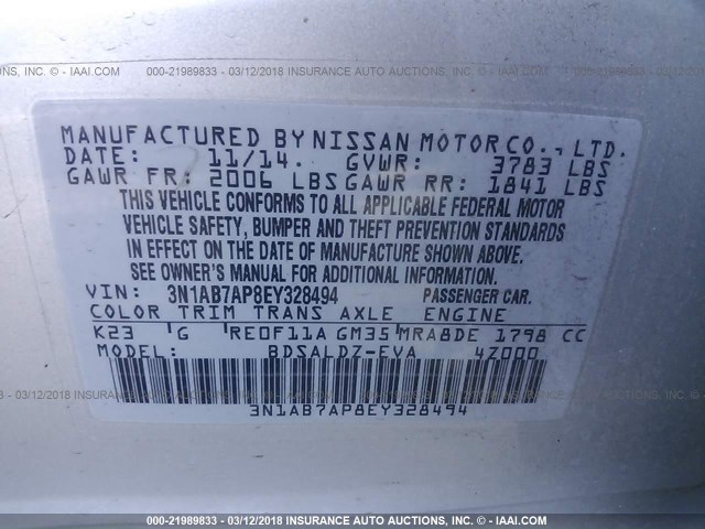 3N1AB7AP8EY328494 - 2014 NISSAN SENTRA S/SV/SR/SL SILVER photo 9