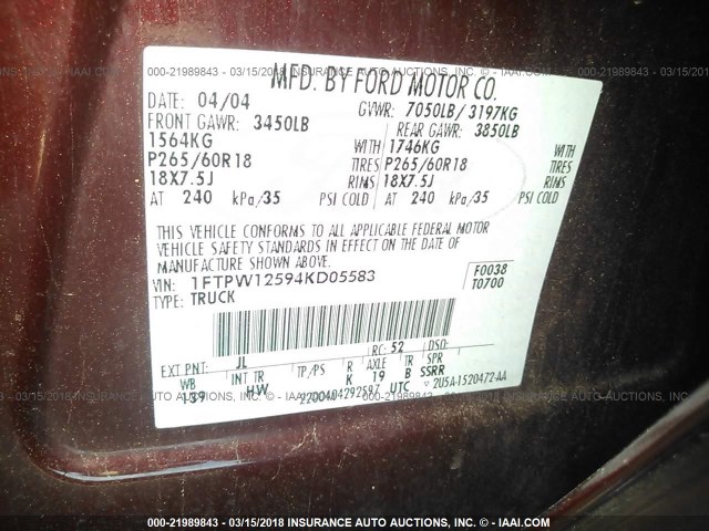 1FTPW12594KD05583 - 2004 FORD F150 SUPERCREW MAROON photo 9