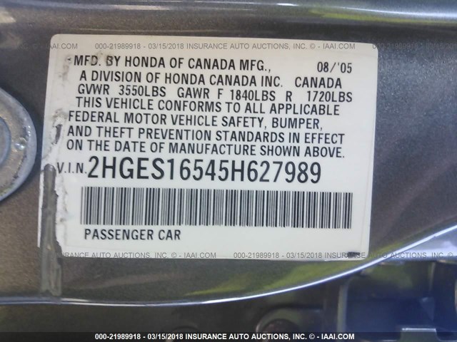 2HGES16545H627989 - 2005 HONDA CIVIC LX GRAY photo 9