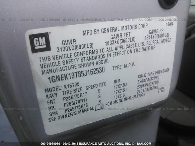 1GNEK13T85J162530 - 2005 CHEVROLET TAHOE K1500 BEIGE photo 9