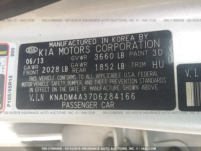 KNADM4A37D6284166 - 2013 KIA RIO LX Արծաթագույն լուսանկար 9