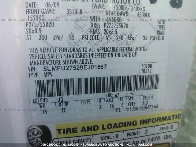 5LMFU27529EJ01867 - 2009 LINCOLN NAVIGATOR 白色 照片 9