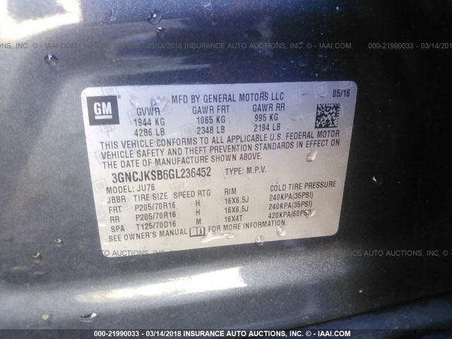 3GNCJKSB6GL236452 - 2016 CHEVROLET TRAX LS GRAY photo 9