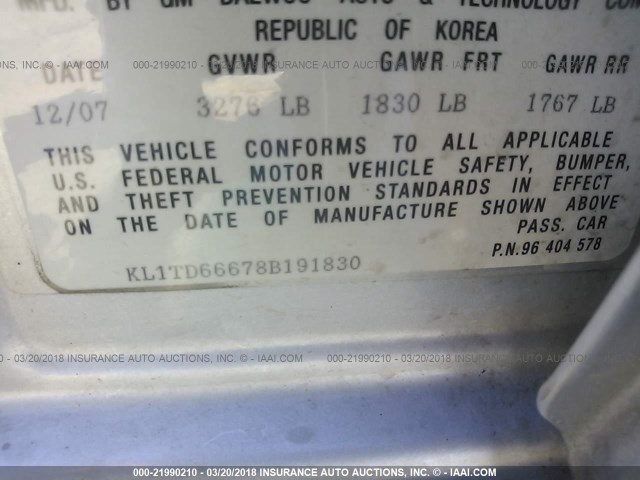 KL1TD66678B191830 - 2008 CHEVROLET AVEO LS SILVER photo 9