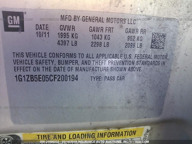 1G1ZB5E05CF200194 - 2012 CHEVROLET MALIBU LS ოქროსფერი ფოტო 9