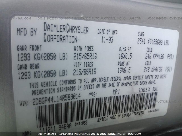 2D8GP44L14R589014 - 2004 DODGE GRAND CARAVAN SXT SILVER photo 9