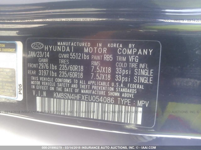 KM8SN4HFXEU054086 - 2014 HYUNDAI SANTA FE GLS BLACK photo 9