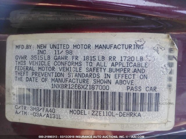 1NXBR12E6XZ187000 - 1999 TOYOTA COROLLA VE/CE/LE 栗色 照片 9