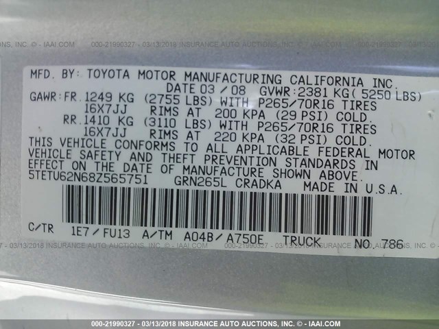 5TETU62N68Z565751 - 2008 TOYOTA TACOMA PRERUNNER ACCESS CAB SILVER photo 9