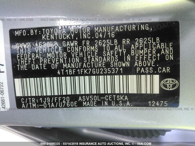 4T1BF1FK7GU235371 - 2016 TOYOTA CAMRY LE/XLE/SE/XSE SILVER photo 9