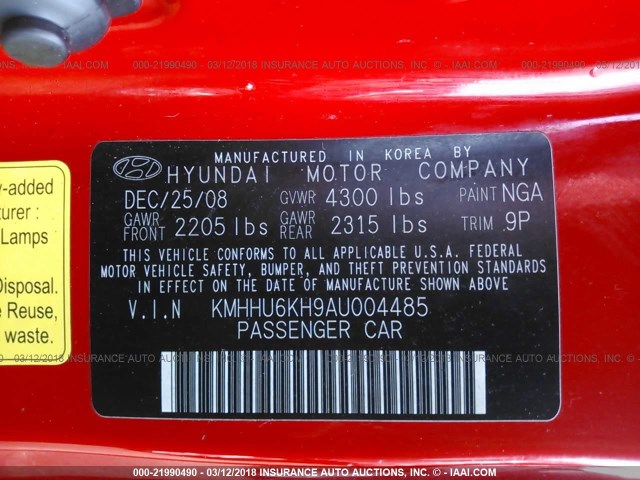 KMHHU6KH9AU004485 - 2010 HYUNDAI GENESIS COUPE 3.8L RED photo 9