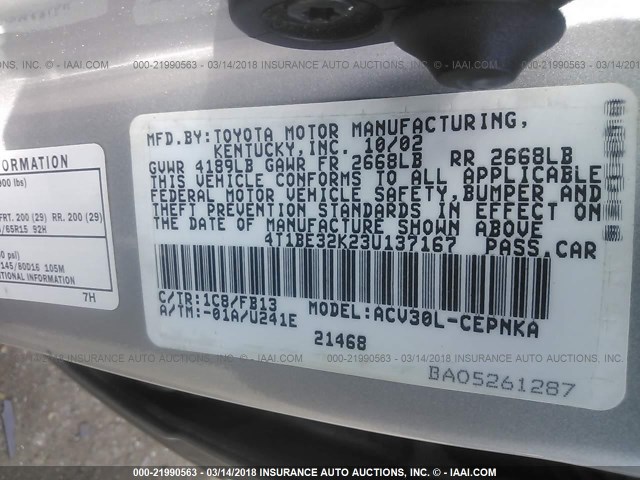 4T1BE32K23U137167 - 2003 TOYOTA CAMRY LE/XLE/SE SILVER photo 9