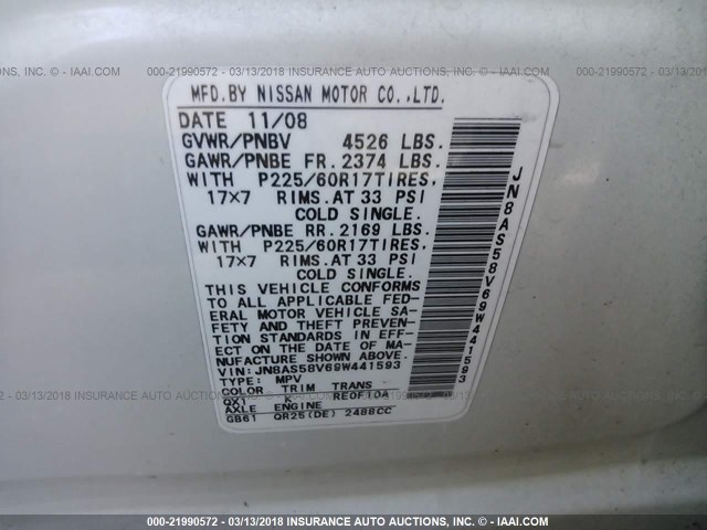 JN8AS58V69W441593 - 2009 NISSAN ROGUE S/SL WHITE photo 9