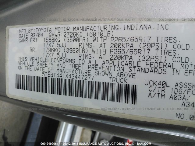 5TBBT441X4S447277 - 2004 TOYOTA TUNDRA ACCESS CAB SR5 GRAY photo 9