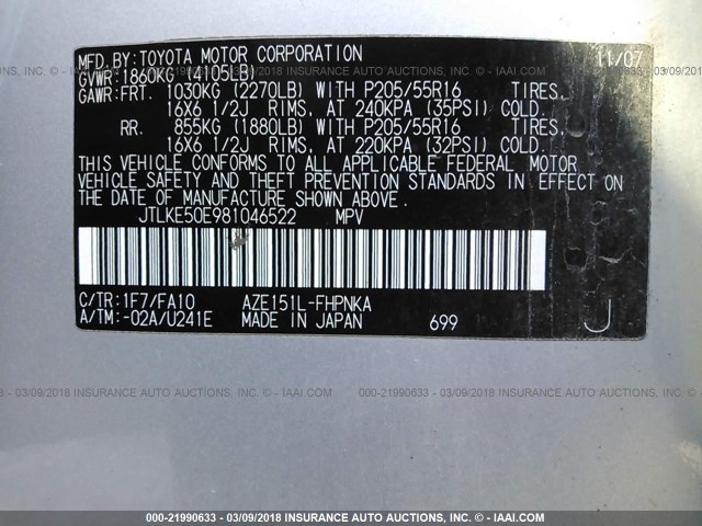 JTLKE50E981046522 - 2008 TOYOTA SCION XB SILVER photo 9