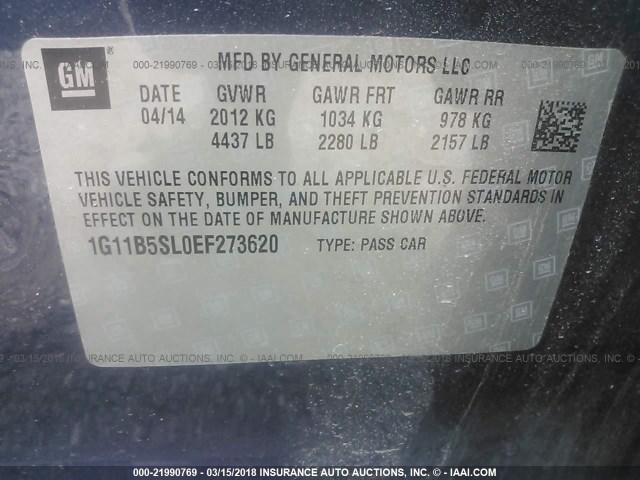 1G11B5SL0EF273620 - 2014 CHEVROLET MALIBU LS ლურჯი ფოტო 9