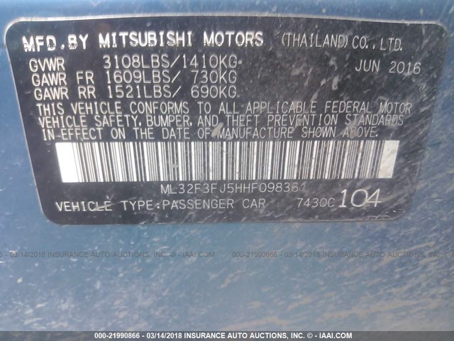 ML32F3FJ5HHF09836 - 2017 MITSUBISHI MIRAGE G4 ES ლურჯი ფოტო 9