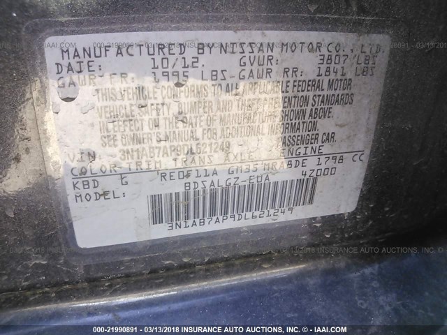 3N1AB7AP9DL621249 - 2013 NISSAN SENTRA S/SV/SR/SL GRAY photo 9